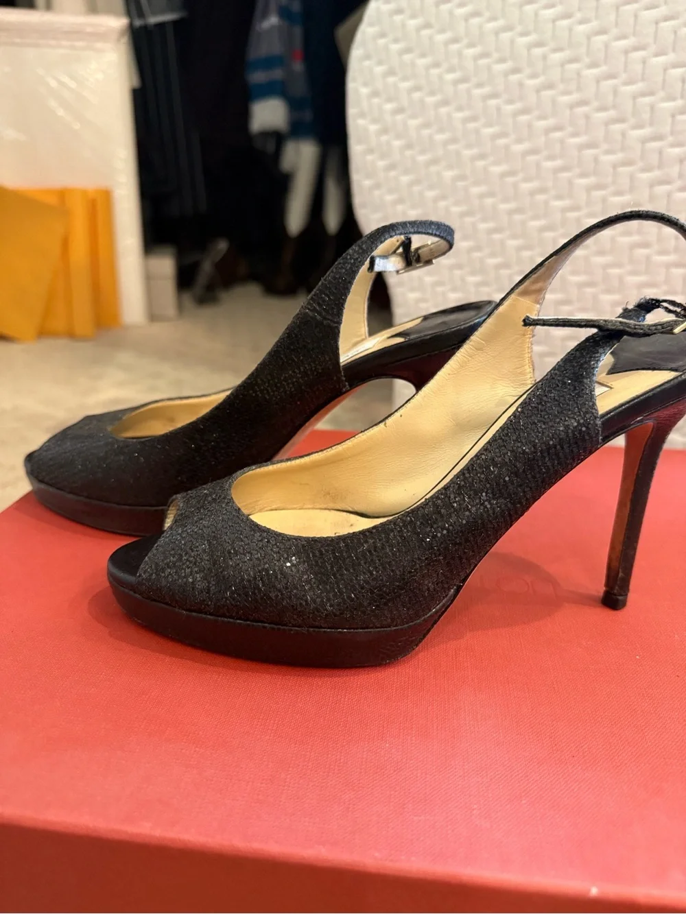 Jimmy Choo Black Sparkle Slingback Peep-Toe Heels